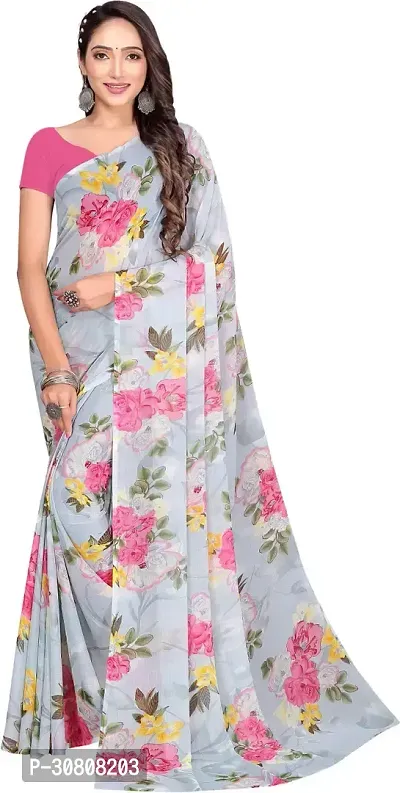 Stylish Grey Georgette Saree With Blouse Piece For Women-thumb0