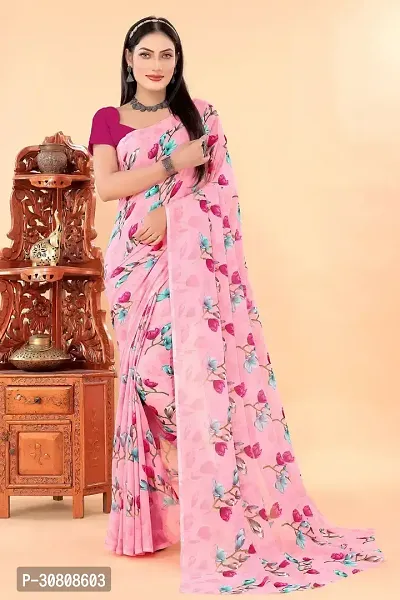 Stylish Pink Georgette Saree Without Blouse Piece For Women-thumb0