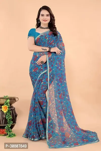 Stylish Blue Georgette Saree With Blouse Piece For Women