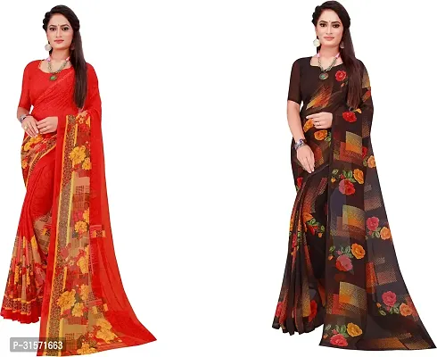 Stylish Georgette Multicoloured Printed Saree with Blouse piece For Women Pack Of 2-thumb0