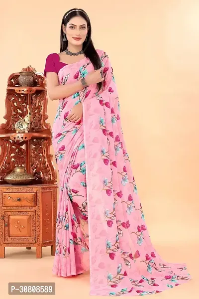 Stylish Pink Georgette Saree Without Blouse Piece For Women-thumb0