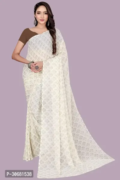 Stylish White Chiffon Saree With Blouse Piece For Women-thumb0