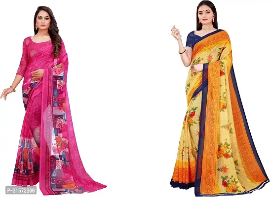 Stylish Georgette Multicoloured Printed Saree with Blouse piece For Women Pack Of 2-thumb0