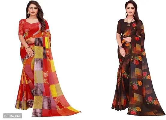 Stylish Georgette Multicoloured Printed Saree with Blouse piece For Women Pack Of 2-thumb0