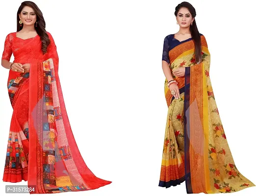 Stylish Georgette Multicoloured Printed Saree with Blouse piece For Women Pack Of 2-thumb0