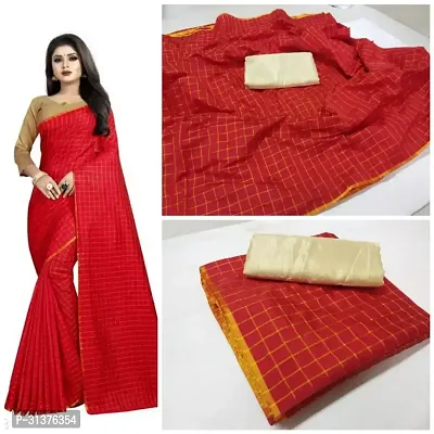 Stylish Red Cotton Saree With Blouse Piece For Women