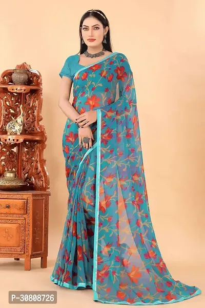 Stylish Turquoise Georgette Saree With Blouse Piece For Women