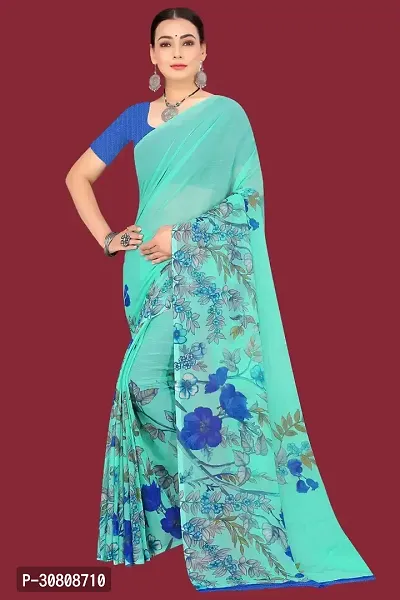 Stylish Turquoise Chiffon Saree With Blouse Piece For Women