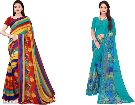 Stylish Georgette Multicoloured Printed Saree with Blouse piece For Women Pack Of 2-thumb0