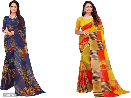 Stylish Georgette Multicoloured Printed Saree with Blouse piece For Women Pack Of 2-thumb0