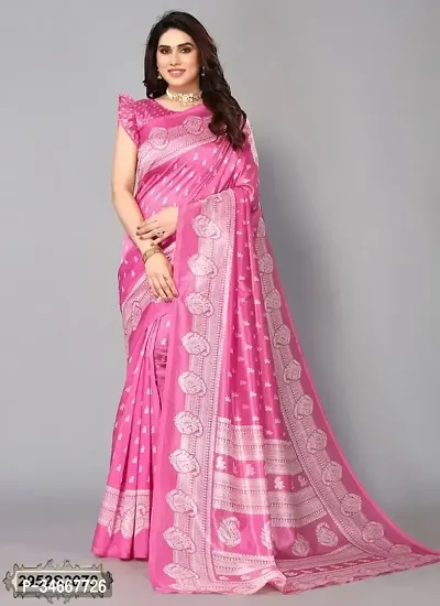 Stylish Pink Art Silk Printed Saree with Blouse Piece For Women-thumb0