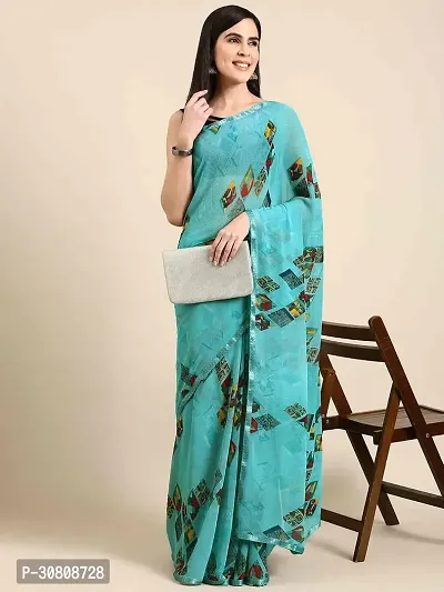 Stylish Turquoise Georgette Saree With Blouse Piece For Women