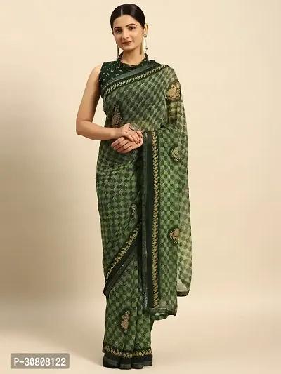 Stylish Green Georgette Saree With Blouse Piece For Women