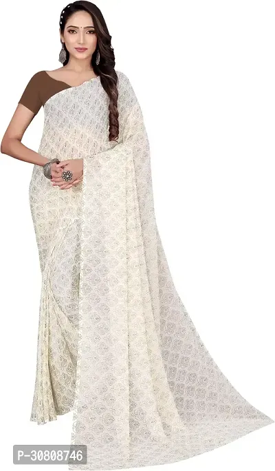 Stylish White Georgette Saree With Blouse Piece For Women-thumb0