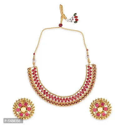Red Stone Studded Metallic Necklace Sets Jewellery For Women's - For All Occasion
