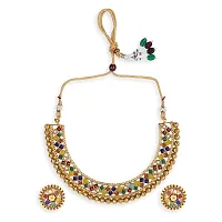 Multicolour Stone Studded Metallic Necklace Set Jewellery For Women's - For All Occasion-thumb1