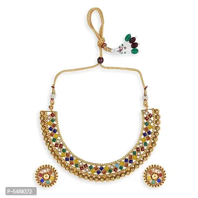 Multicolour Stone Studded Metallic Necklace Set Jewellery For Women's - For All Occasion-thumb2