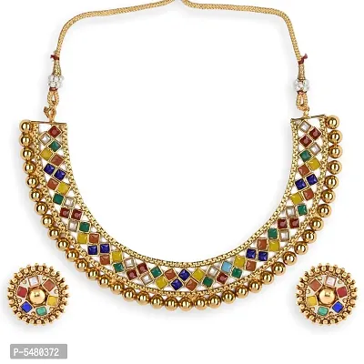 Multicolour Stone Studded Metallic Necklace Set Jewellery For Women's - For All Occasion-thumb0