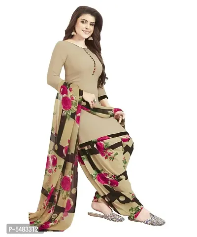 Stylish Synthetic Beige Printed Dress Material With Dupatta Set For Women-thumb0