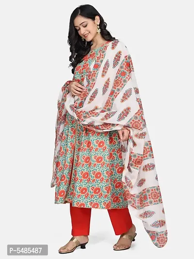 Stylish Cotton Multicoloured Floral Printed Kurta With Pant And Dupatta Set For Women-thumb2