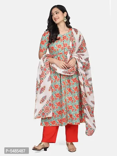 Stylish Cotton Multicoloured Floral Printed Kurta With Pant And Dupatta Set For Women-thumb0