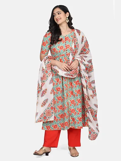 Stylish Cotton Floral Printed Kurta With Pant And Dupatta Set For Women
