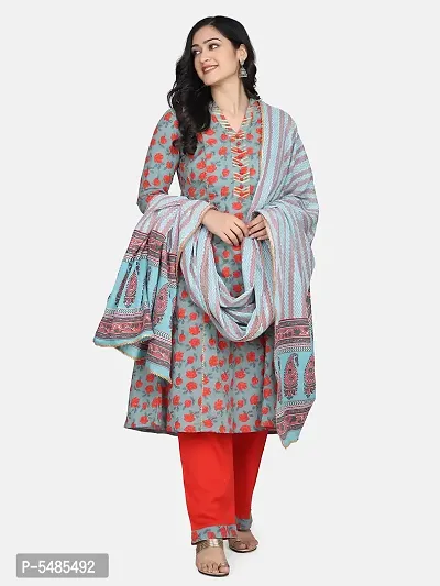 Stylish Cotton Grey Floral Printed Kurta With Pant And Dupatta Set For Women