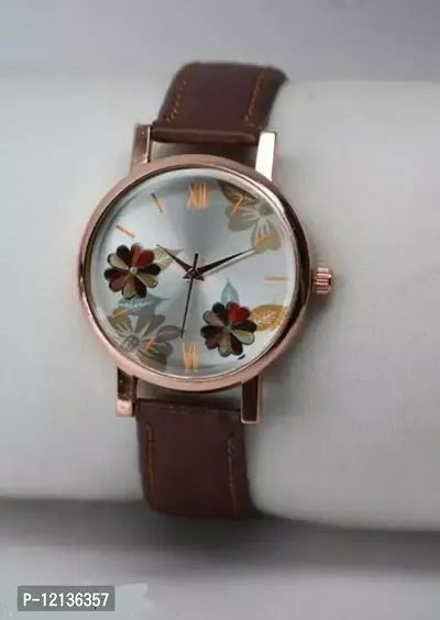 Stylish Printed Flower Pattern Dial Leather Belt Watch For Girls and Woman