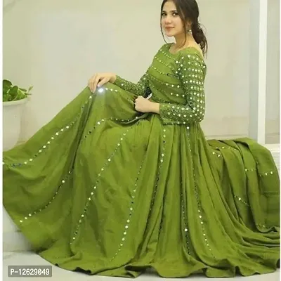 Green Rayon Mirror Work Ethnic Gowns For Women