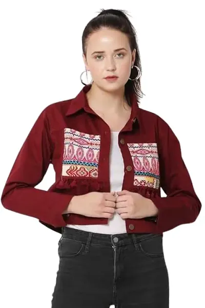 RIHANI FAB Embroidered Jackets for Women Jaipuri Jacket for Girls Denim Winter Wear(L, MAROON)
