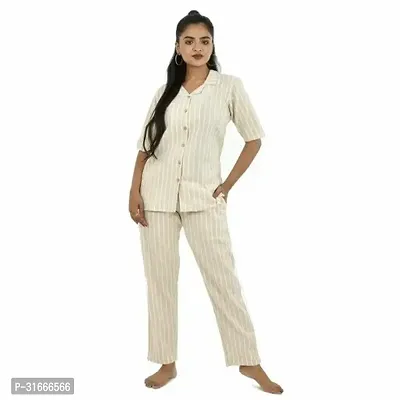 Quaclo South Cotton Stripe Cream Women NightSuits Top and Payjama Set