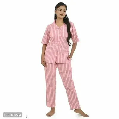 Quaclo South Cotton Stripe Pink Women NightSuits Top and Payjama Set-thumb0