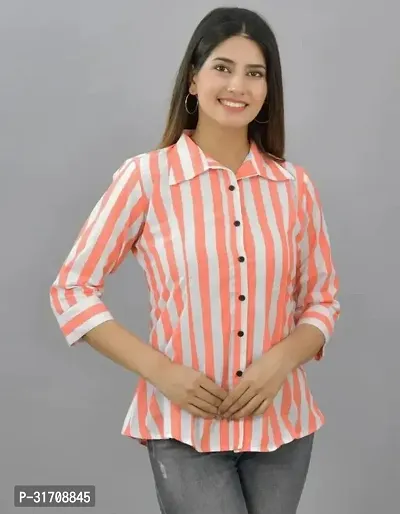 Quaclo Womens Orange Regular Fit Striped Spread Collar Cotton Casual Shirts