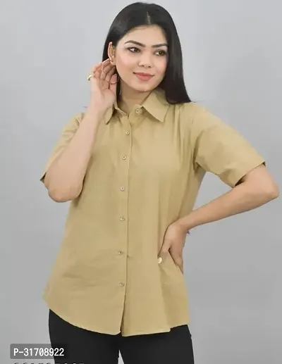 Quaclo Womens Beige Regular Fit Half Sleeves Spread Collar Cotton Shirt