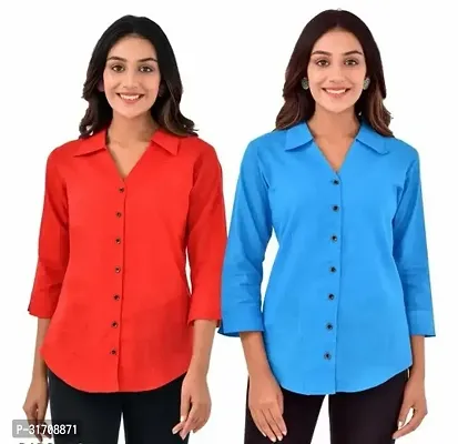 Quaclo Red and Sky Blue Cotton Slub Collor Shirts Combo of 2 for Womens and Girls