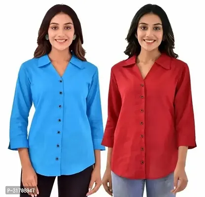 Quaclo Sky Blue and Maroon Cotton Slub Collor Shirts Combo of 2 for Womens and Girls