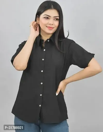 Quaclo Womens Black Regular Fit Half Sleeves Spread Collar Cotton Shirt