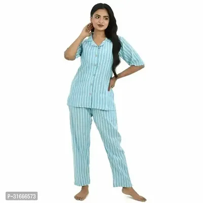 Quaclo South Cotton Stripe Turquoise Women NightSuits Top and Payjama Set-thumb0