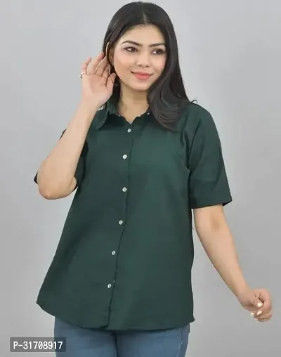 Quaclo Womens Bottle Green Regular Fit Half Sleeves Spread Collar Cotton Shirt