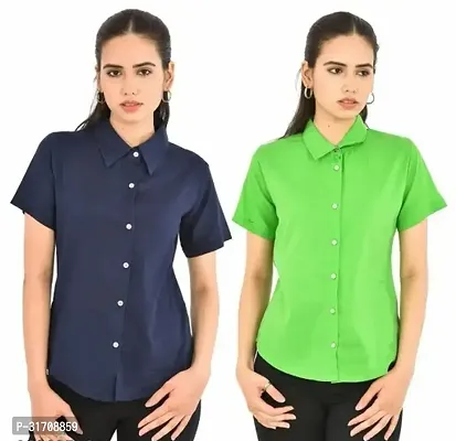 Quaclo Navy Blue and Pista Green Cotton Half Sleeve Shirt Combo of 2 for Women and Girls-thumb0