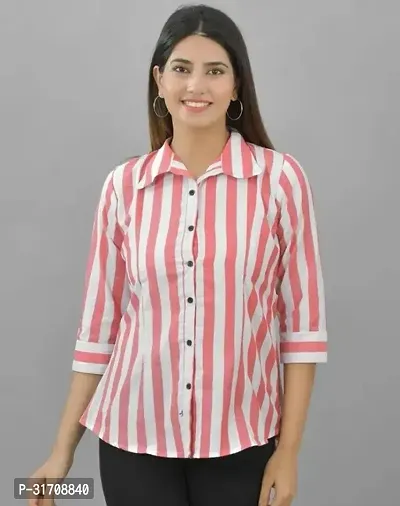 Quaclo Womens Red Regular Fit Striped Spread Collar Cotton Casual Shirts-thumb0