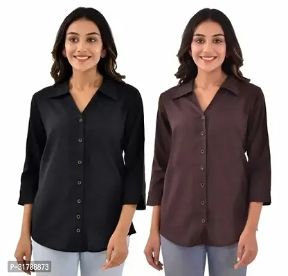 Quaclo Black and Coffee Cotton Slub Collor Shirts Combo of 2 for Womens and Girls-thumb0