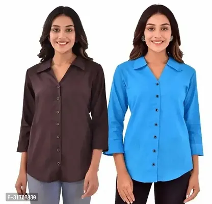 Quaclo Coffee and Sky Blue Cotton Slub Collor Shirts Combo of 2 for Womens and Girls