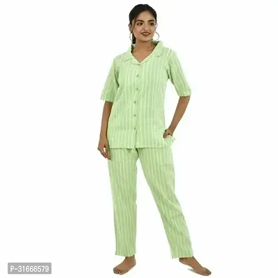 Quaclo South Cotton Stripe Green Women NightSuits Top and Payjama Set