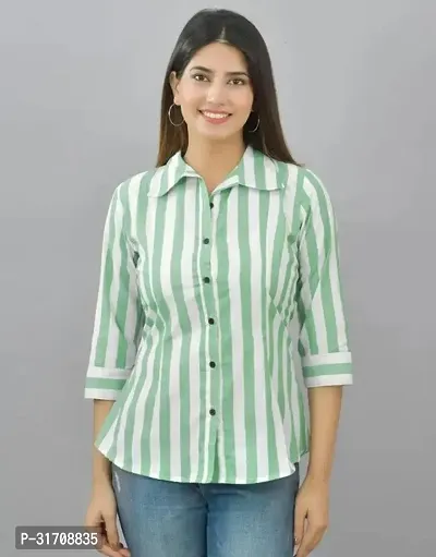 Quaclo Womens Parrot Green Regular Fit Striped Spread Collar Cotton Casual Shirts