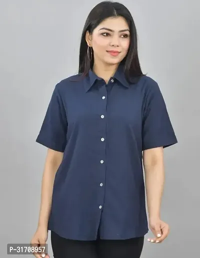 Quaclo Womens Navy Blue Regular Fit Half Sleeves Spread Collar Cotton Shirt