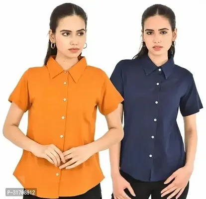 Quaclo Mustard and Navy Blue Cotton Half Sleeve Shirt Combo of 2 for Women and Girls-thumb0