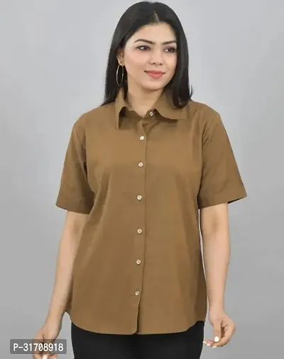 Quaclo Womens Brown Regular Fit Half Sleeves Spread Collar Cotton Shirt