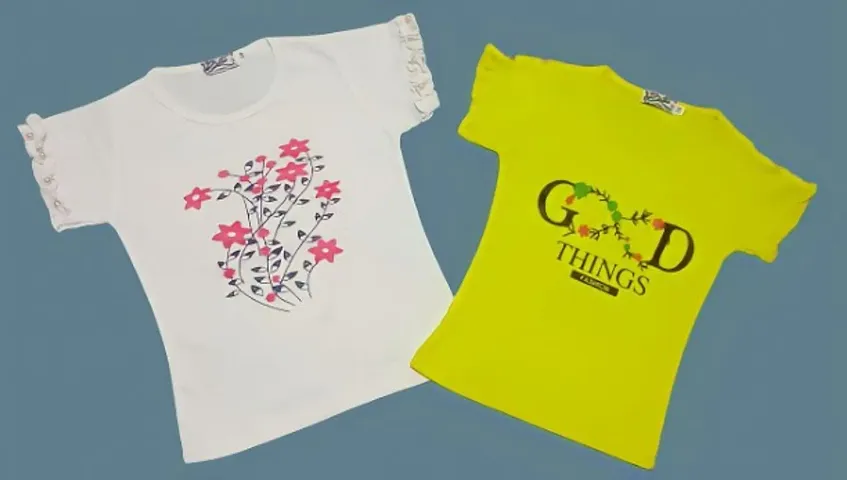 Printed Cotton Half Sleeves Tees for Girls Pack of 2