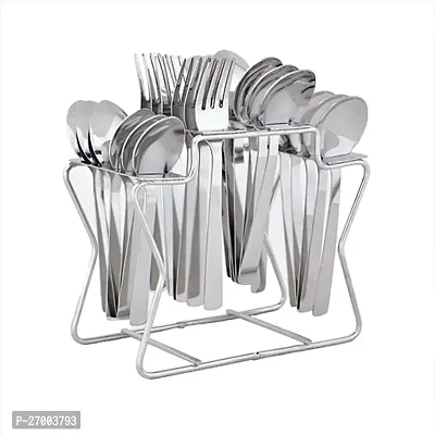 Troozy 24 Piece Mirror Silver Silverware Set with Stand, Hanging  Round Handle Stainless Steel Cutlery Set Include /Fork/Spoon/Teaspoon, Simple Kitchen Utensils Service